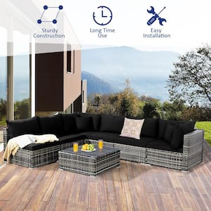 7-Piece Wicker Patio Outdoor Sectional Set Sofa with CushionGuard Black Cushions