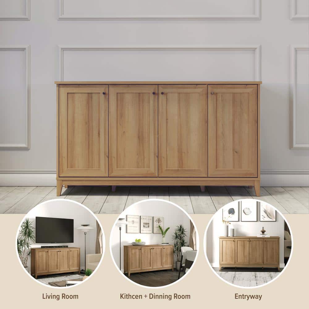 Oak 4-Door Shaker Style Storage Cabinet with Adjustable Shelving