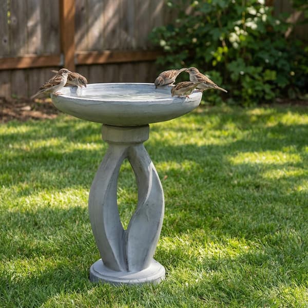 21.8"H Concrete Pedestal Bird Bath, Contemporary Modern Outdoor Birdbath for Garden, Patio, Lawn, Outdoor Decor