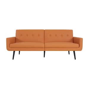 Caramel Leather Futon Sofa, Convertible, Split Back Premium Faux Leather Sleeper Couch Sofa with Tapered Legs
