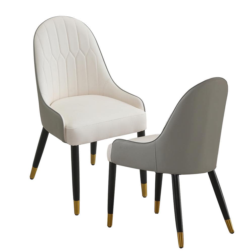 Gray and White PU Leather Upholstered Modern Dining Chair with Solid Wood and Metal Legs (Set of 2)