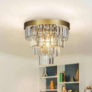 3-Light Tiered Gold Mini Flush Mount Ceiling light for Hallway and Bedroom With Clear Crystals