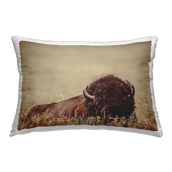 Stupell Industries Bison Laying in Field Tan Rectangular Outdoor Throw Pillow