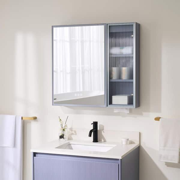 WELLFOR 30 in. W x 28 in. H Rectangular Dimmable Anti-Fog LED Wood Surface Mount Medicine Cabinet with Mirror in Lavender