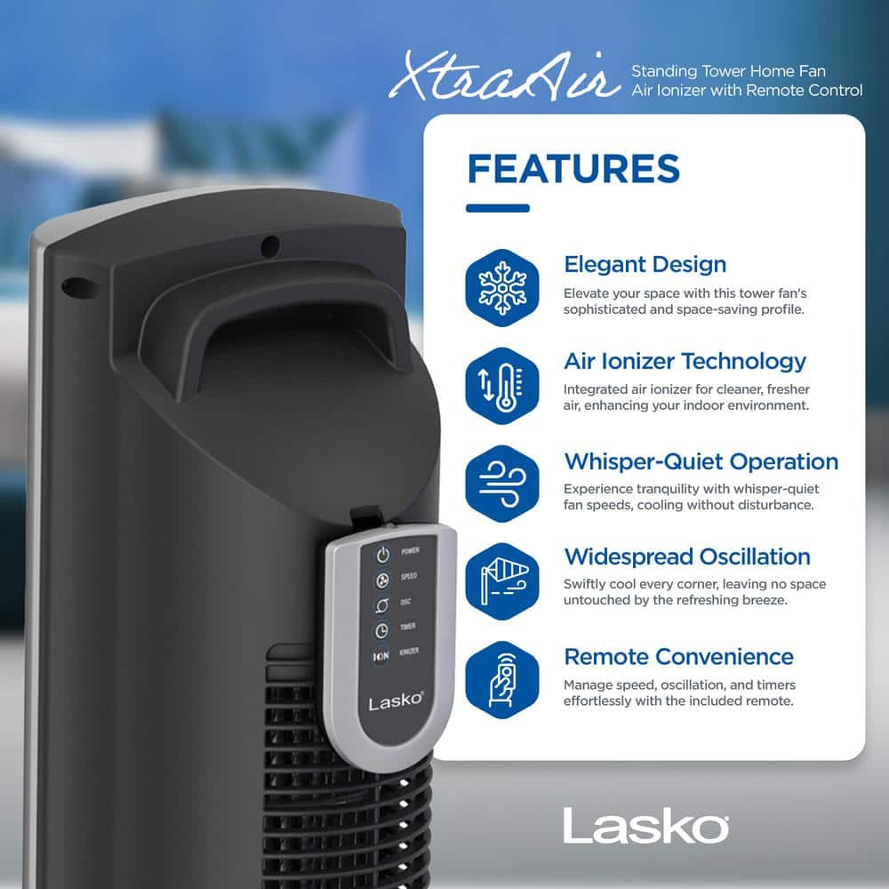 Lasko 48 Inch Silver Oscillating Tower Fan with Remote