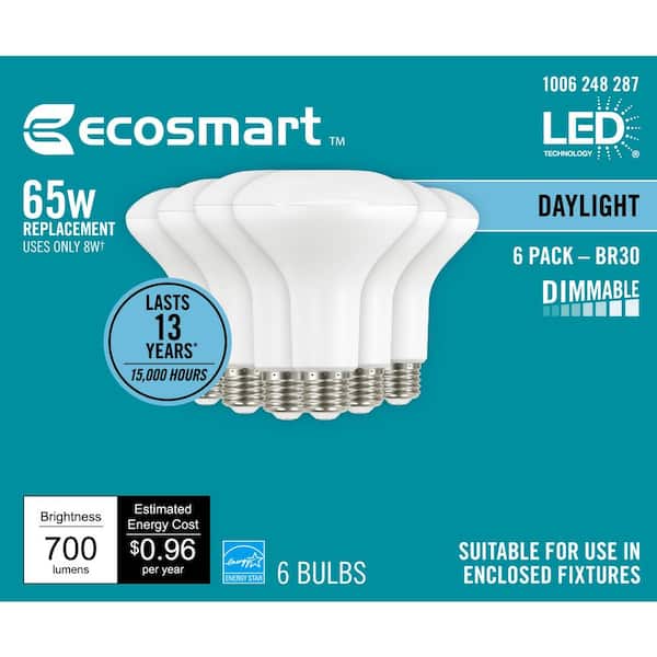 6-Pack Details about   EcoSmart 65-Watt Equivalent BR30 Dimmable LED Light Bulb Daylight 