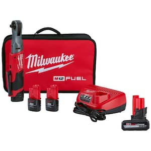 M12 FUEL 12V Li-Ion Brushless 3/8 in. Cordless Ratchet Kit with (2) 2.0Ah Batteries, Charger & Tool Bag & 5.0 Ah Battery