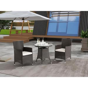 Brown 3-Piece Wicker Outdoor Dining Set with White Cushion, Round Tempered Glass Tabletop for Patio&Backyard&Porch