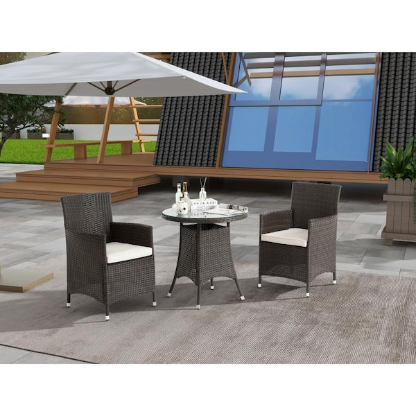 Otryad Brown 3-Piece Wicker Outdoor Dining Set with White Cushion, Round Tempered Glass Tabletop for Patio, Backyard, Porch