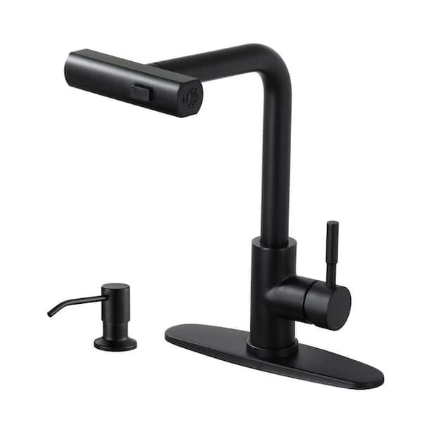 Matte Black 3-Mode 13.5 in. H 360° Swivel Pull-Out Sprayer Kitchen Faucet with Separate Soap Dispenser