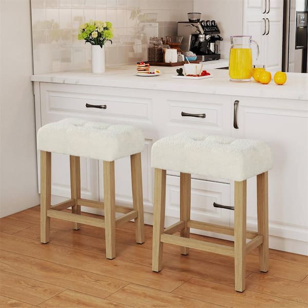 24 in. Height Counter Height Bar Stools Set of 2 with Rubber Wood Legs Footrest Modern for Home Beige