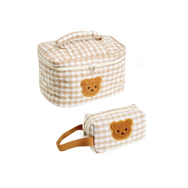 Black Checkered Luggage Makeup Bag,Large Capacity Waterproof Cosmetic Toiletry Travel Bag w/Golden Zipper,Vintage Design