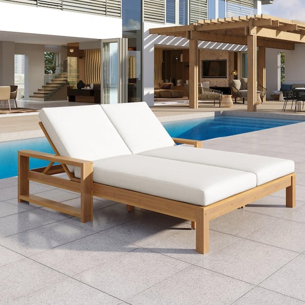 Ravion Patio Light Teak Finish Wood Outdoor Double Chaise Lounge with Beige Cushions, Armrest and Adjustable Backrest