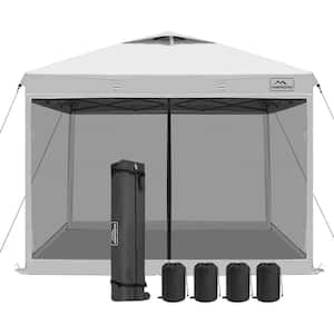 10 ft. x 10 ft. White Waterproof Pop-Up Canopy Tent with Netting Mesh Walls, 4-Sandbags and 1-Roller Bag