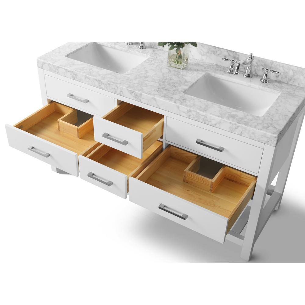 Elizabeth 60" White Wood Bathroom Vanity Set with Marble Top