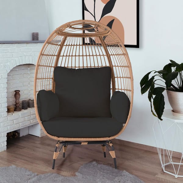 OTSUN Rock-Solid Indoor and Outdoor Wicker Egg Chair with 4-Black Thicken Cushions Patio Lounge Chairs