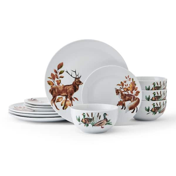 Woodland Wonders Lodge 12-Piece Multicolored Porcelain Dinnerware Plate Bowl Set, Service for 4