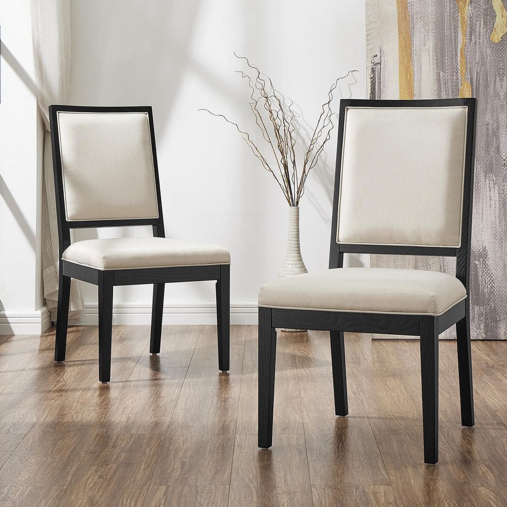 Black Linen Upholstered Dining Chair Armless with Beige Backrest and Solid Wood Legs for Kitchen Dining Room Set of 2