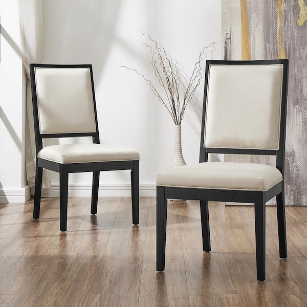Black Linen Upholstered Dining Chair Armless with Beige Backrest and Solid Wood Legs for Kitchen Dining Room (Set of 2)