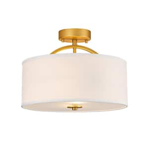 15 in. 2-Light White Modern Semi-Flush Mount Ceiling Light with Linen Lampshade and No Bulbs Included