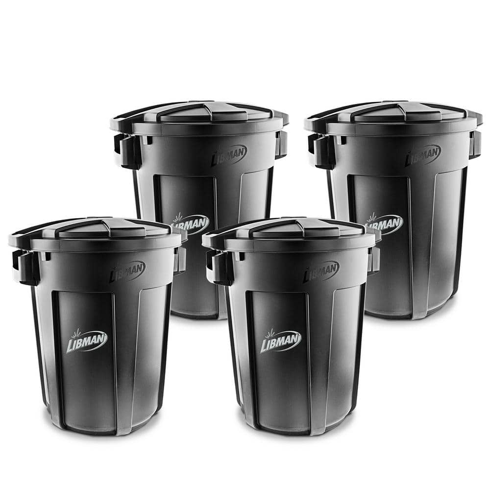 Libman HeavyDuty 32 Gal. Black Round Vented Trash Can with Lid (4Pack