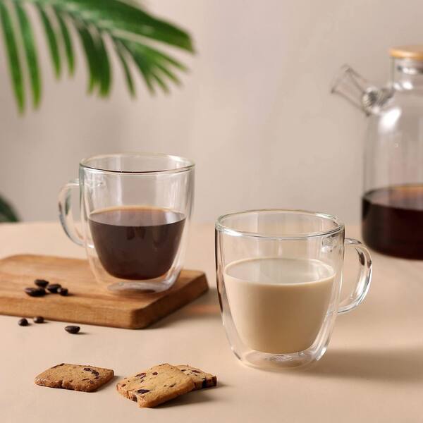Wudkey 11.8 oz. Double Walled Insulated Clear Espresso/Cappuccino Cups with Handle, Large Glass Coffee Mugs (Set of 4)