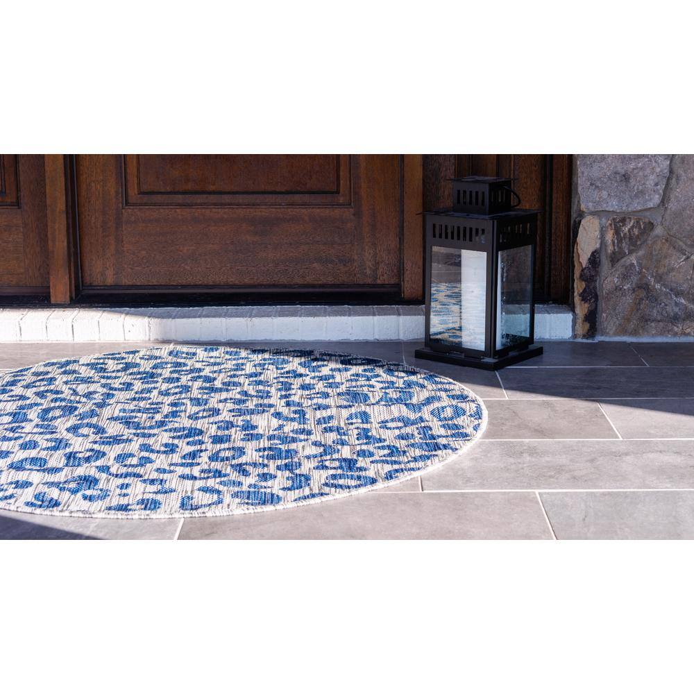 Round Blue Synthetic Outdoor Stain-Resistant Area Rug