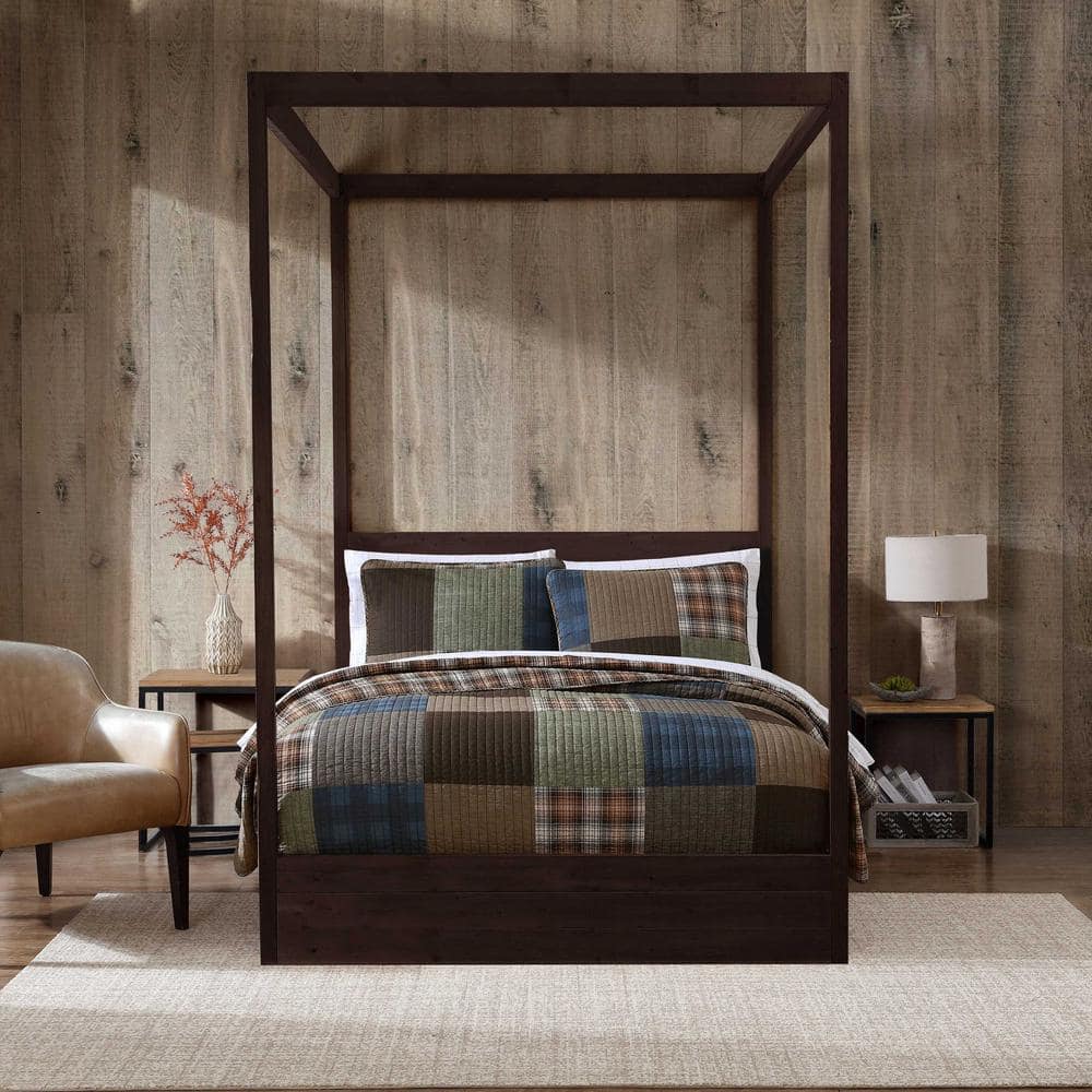 Full Brown Cotton Reversible Patchwork Quilt Set