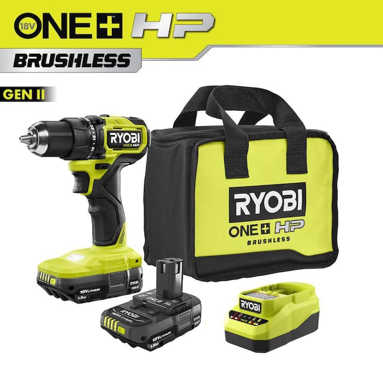 RYOBI ONE+ HP 18V Brushless Cordless Compact 1/2in. Drill/Driver Kit with (2) 1.5 Ah Batteries and Charger
