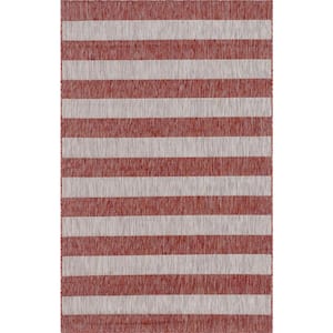Outdoor Distressed Stripe Rust Red 9 ft. x 12 ft. Area Rug