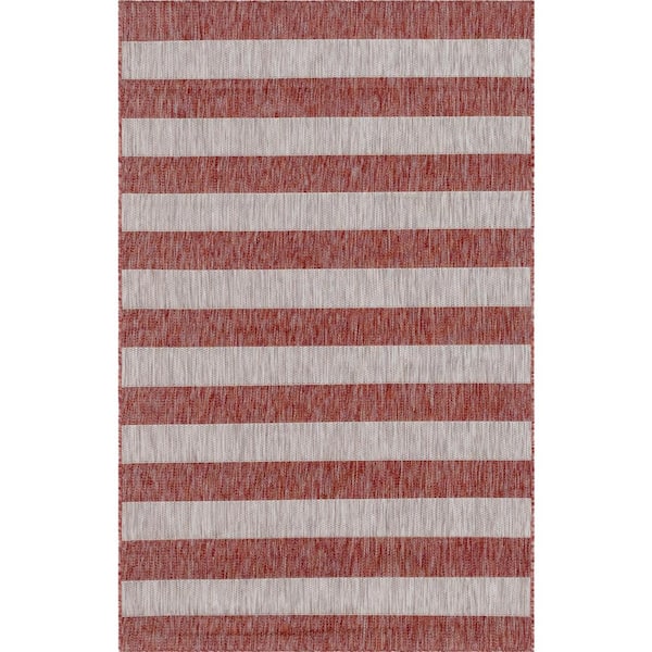 Unique Loom Outdoor Distressed Stripe Rust Red 9 ft. x 12 ft. Area Rug