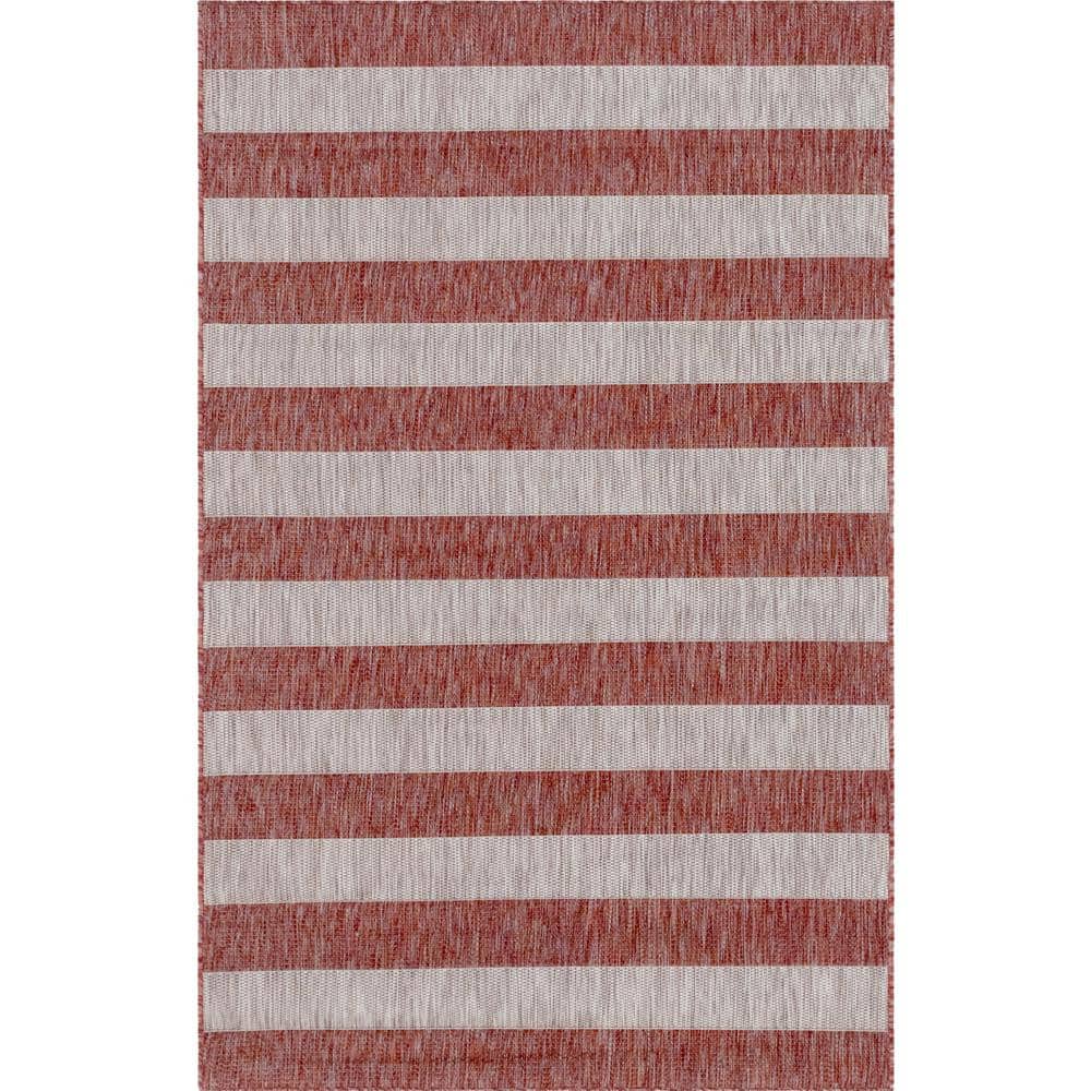 Rustic Stripe Rust Red & Gray 4' x 6' Outdoor Rug
