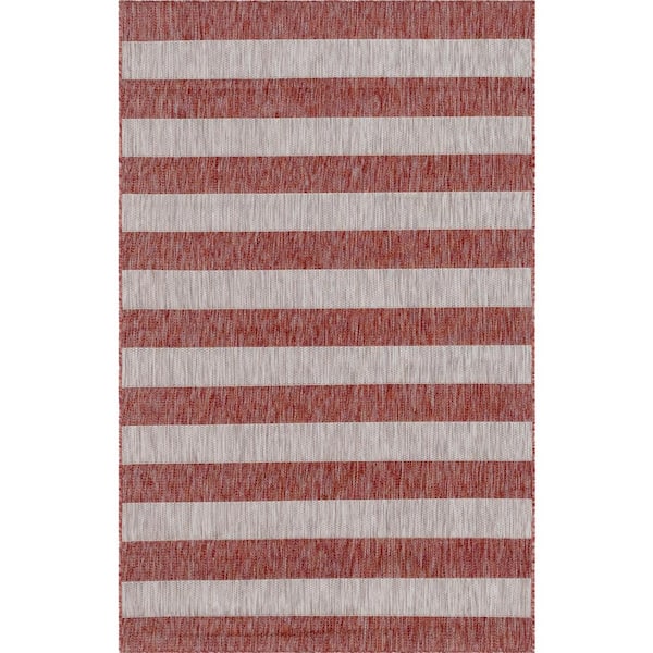 Unique Loom Outdoor Distressed Stripe Rust Red 4 ft. x 6 ft. Area Rug