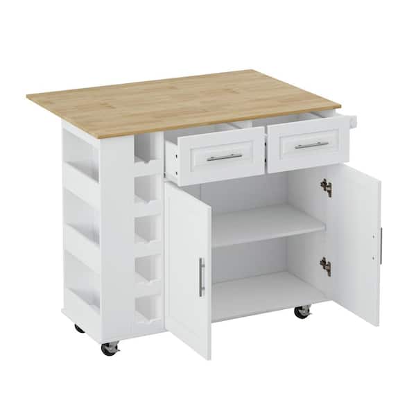 Siavonce White Foldable Rubberwood Table Top 16.93 in. W Kitchen Island Cart with 2 Door and 2 Drawers, Spice Rack, Towel Holder