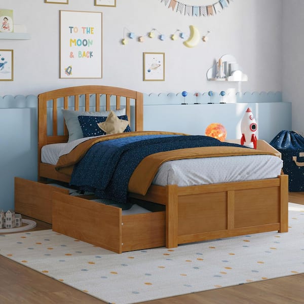 Richmond Light Toffee Natural Bronze Solid Wood Frame Twin Platform Bed with Footboard and Storage Drawers