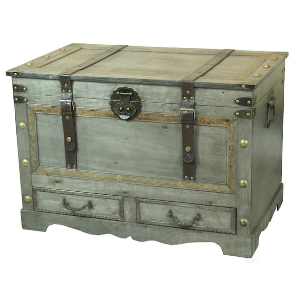 Vintiquewise Rustic Gray Large Wooden Storage Trunk Coffee Table with 2-Drawers
