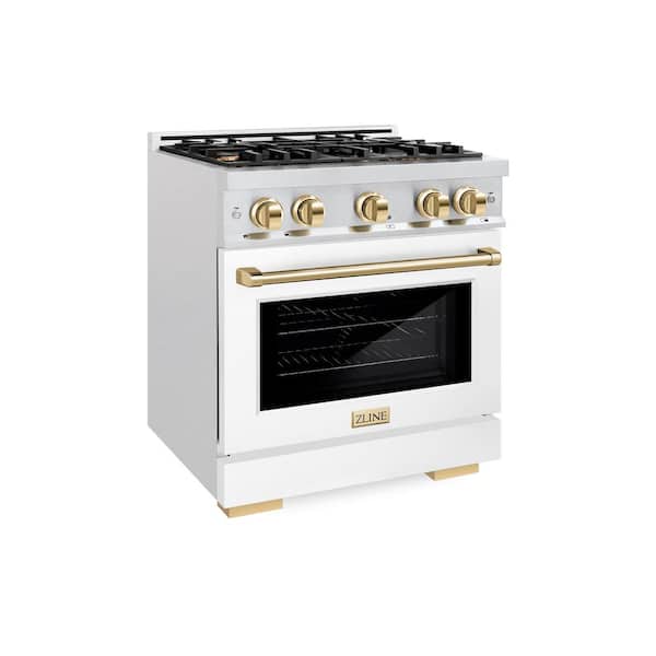 Autograph 30 in. Select Gas Range with 4 Burners and Convection Gas Oven in Satin Steel with White and Gold Accents