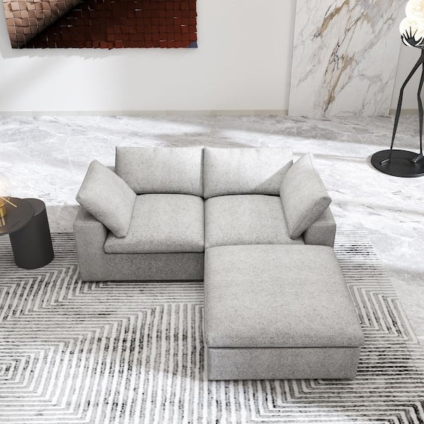 J&E Home 80.3 in. Square Arm 3-Piece L Shaped Linen Modern Sectional Sofa in Gray with Storage Ottoman