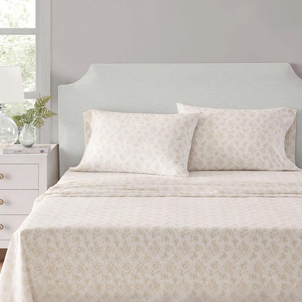 MS Floral 4-Piece White/Alder Percale Cotton Full Sheet Set