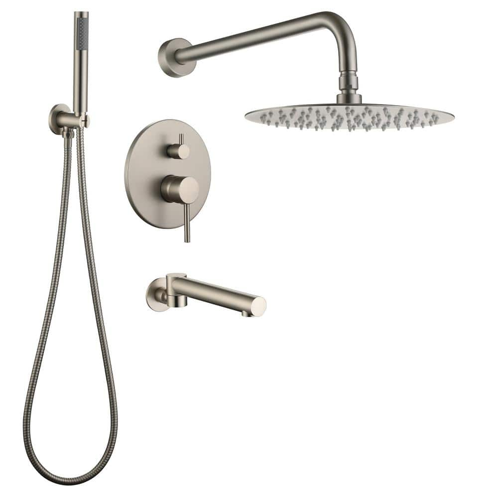 Mondawe 1-Spary 10 in. Round Dual Fixed and Handheld Shower Head 1.8 GPM Rain Wall Mount in Brushed Nickle