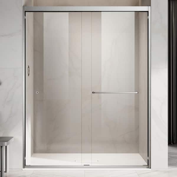 UKD06 56 to 60 in. W x 72 in. H Double Sliding Semi-Frameless Shower Door in Brushed Nickel, EnduroShield Clear Glass
