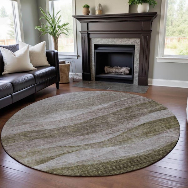 Mayfield Premium Machine Washable Abstract AMF1141 Taupe 8 ft. x 8 ft. Round Rug