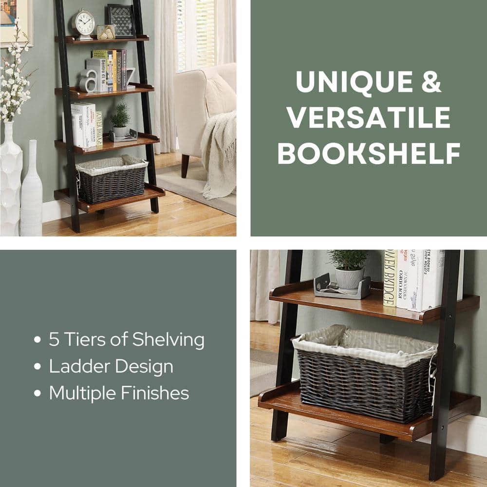 Elegant French Country 5-Shelf Ladder Bookcase in Dark Walnut and Black