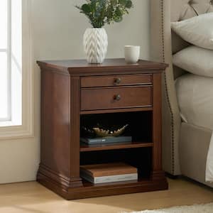 Verdad Walnut 2-Drawer 24 in. Wide Nightstand with Adjustable Shelves and Charging Stations