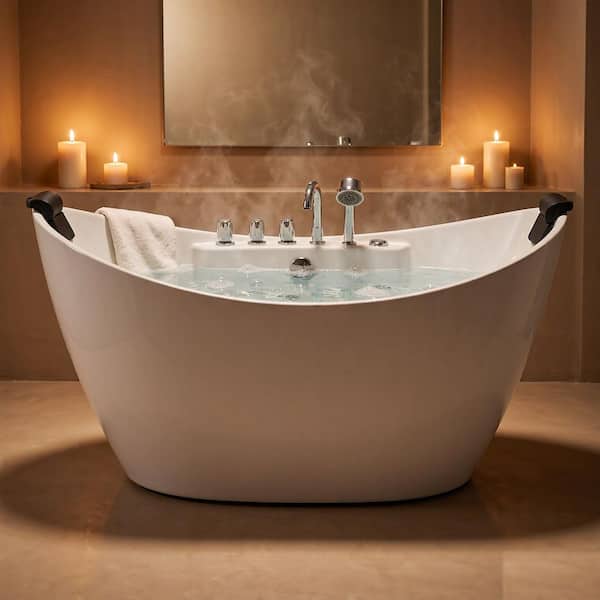 Luxury 59 in. Center Drain Acrylic Freestanding Flatbottom Whirlpool Bathtub in White with Faucet