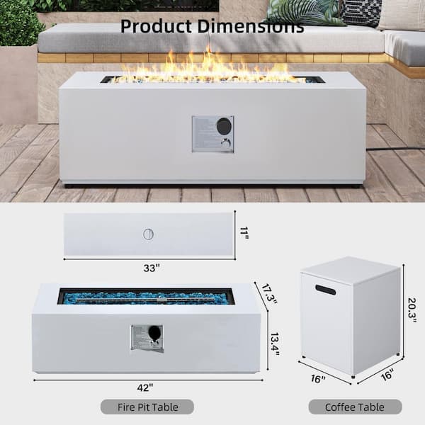 42 in. Rectangular Iron Outdoor Fire Pit Table with Tank Cover, Lid and Rain Cover in White
