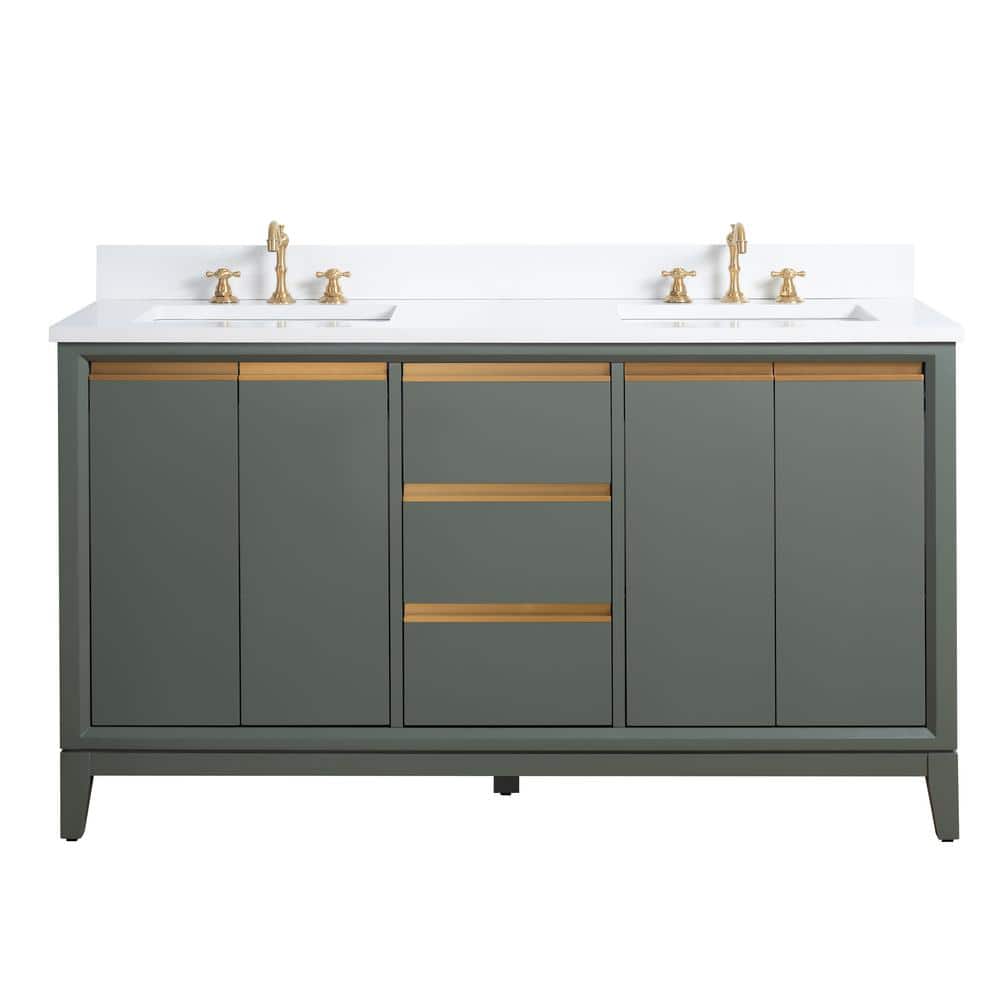 60" Vintage Green Double Sink Bathroom Vanity with Engineered Marble Top