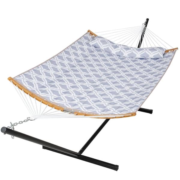 Atesun 12 ft. Free Standing, 475 lbs. Capacity, Heavy-Duty 2-Person Hammock with Stand and Detachable Pillow in Light Grey