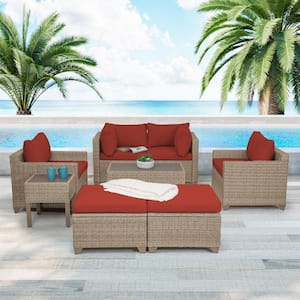 Maui 8-Piece Wicker Patio Conversation Set with Crimson Cushions