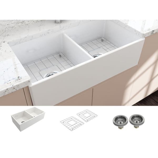 Contempo Farmhouse Apron Front Fireclay 36 in. Double Bowl Kitchen Sink with Bottom Grid and Strainer in White